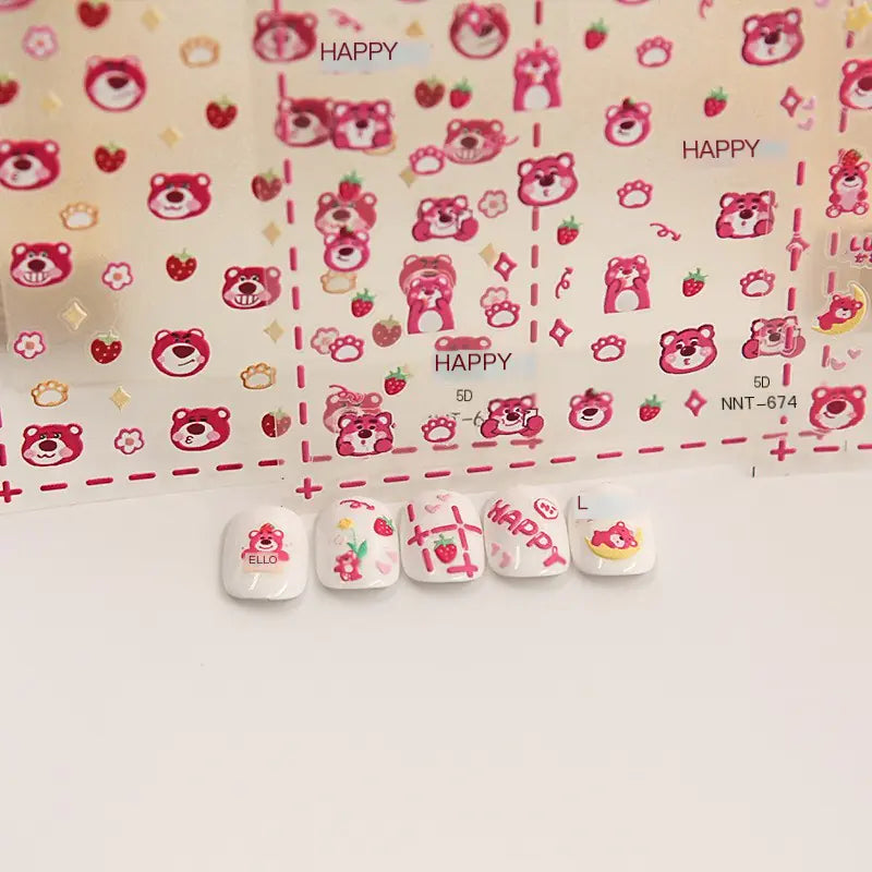 5D Strawberry Bear Nail Stickers for Cute Decor