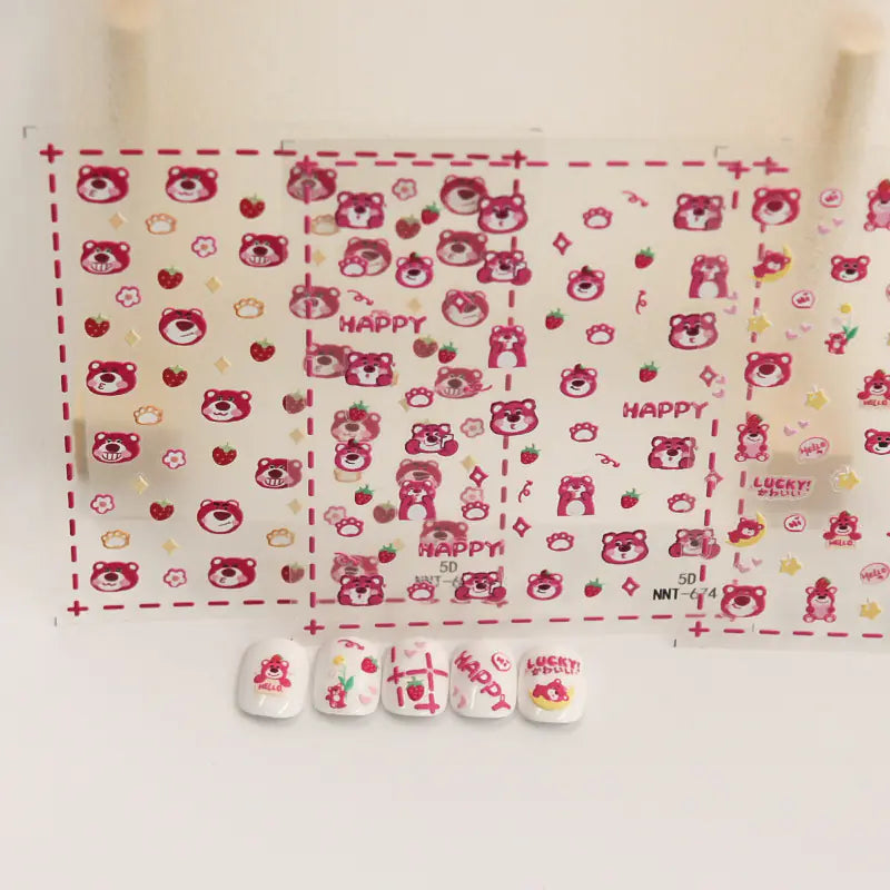 5D Strawberry Bear Nail Stickers for Cute Decor